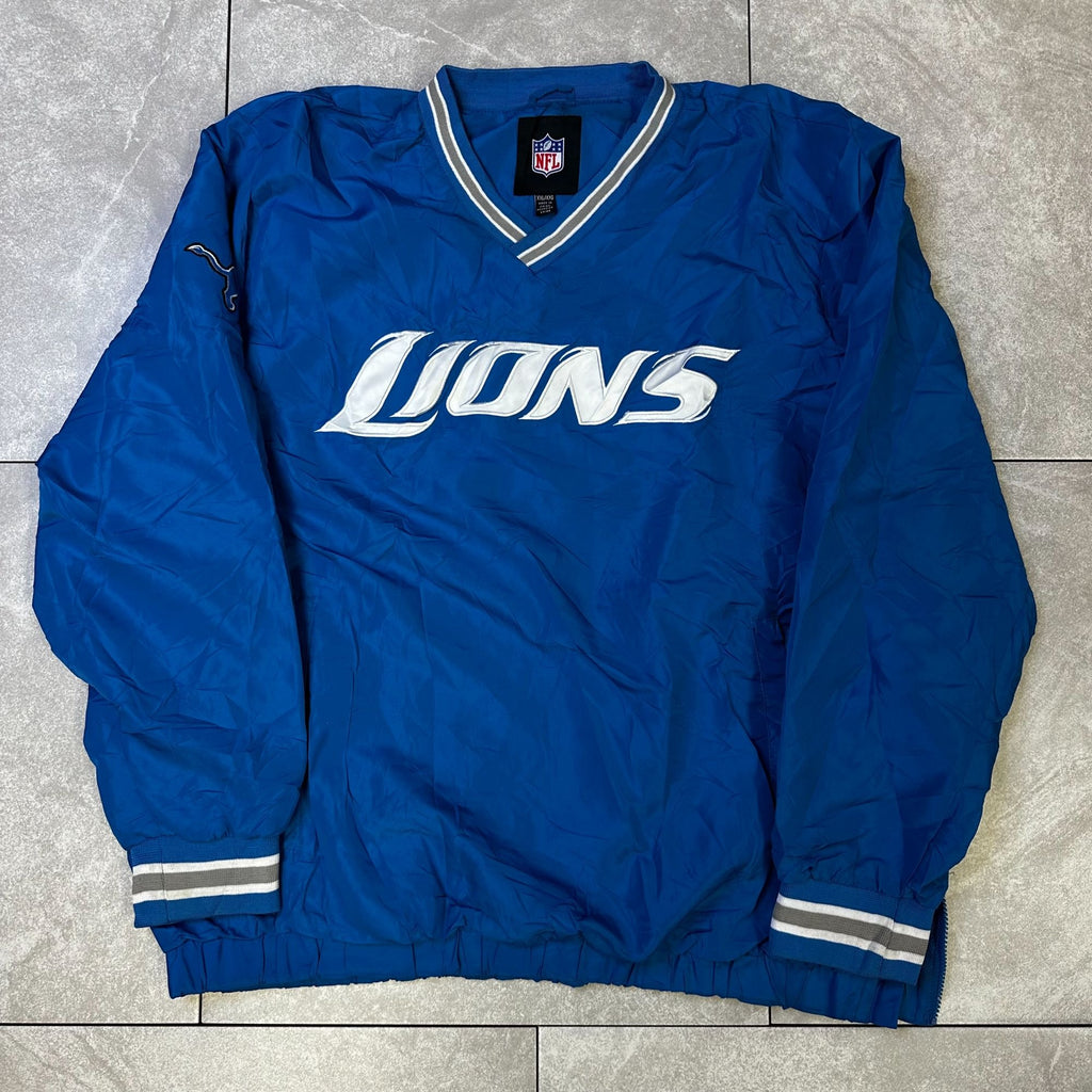 Detroit Lions NFL Pullover Windbreaker Jacket XXL Blue With Striped V-Neck & Elastic Cuffs