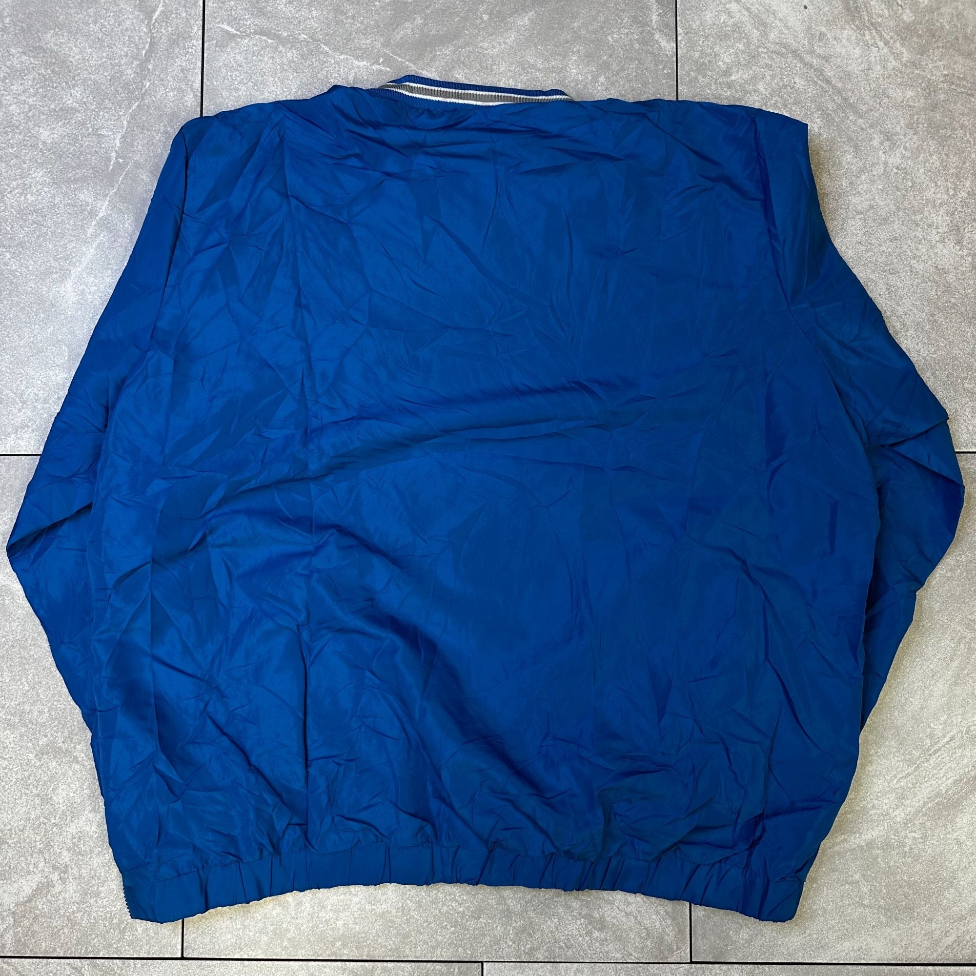 Detroit Lions NFL Pullover Windbreaker Jacket XXL Blue With Striped V-Neck & Elastic Cuffs