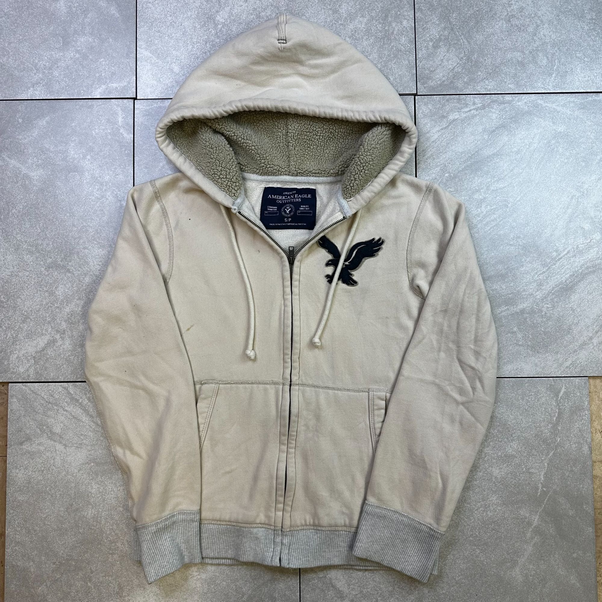 American Eagle Outfitters Beige Hooded Zip-Up Jacket S/P Athletic Fit Sherpa-Lined