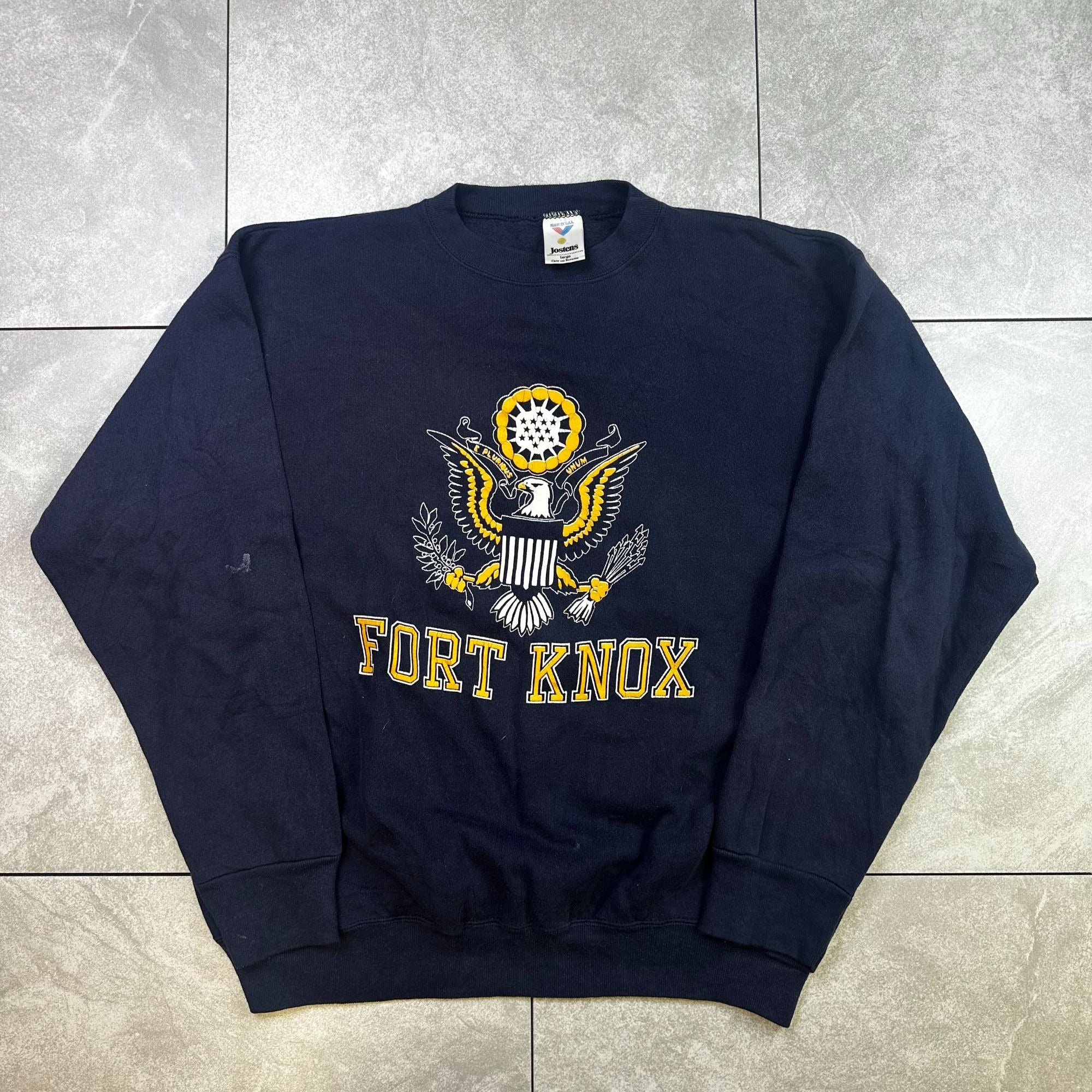 Vintage Jostens Fort Knox Eagle Crest Navy Sweatshirt Large Made In USA