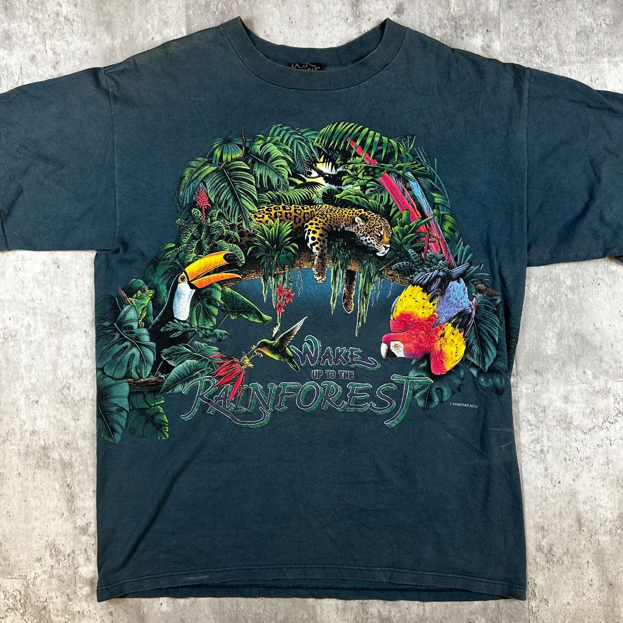 Vintage Habitat Wake To The Rainforest Graphic T-Shirt L 100% Cotton Blue Jungle Wildlife Print
