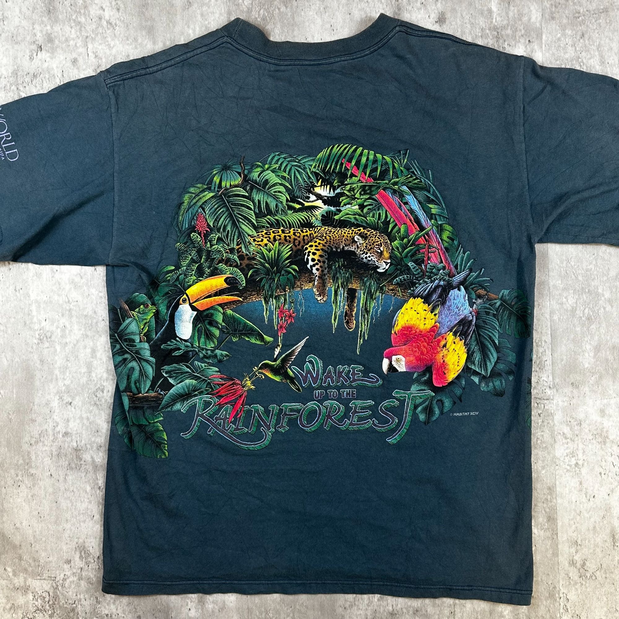 Vintage Habitat Wake To The Rainforest Graphic T-Shirt L 100% Cotton Blue Jungle Wildlife Print