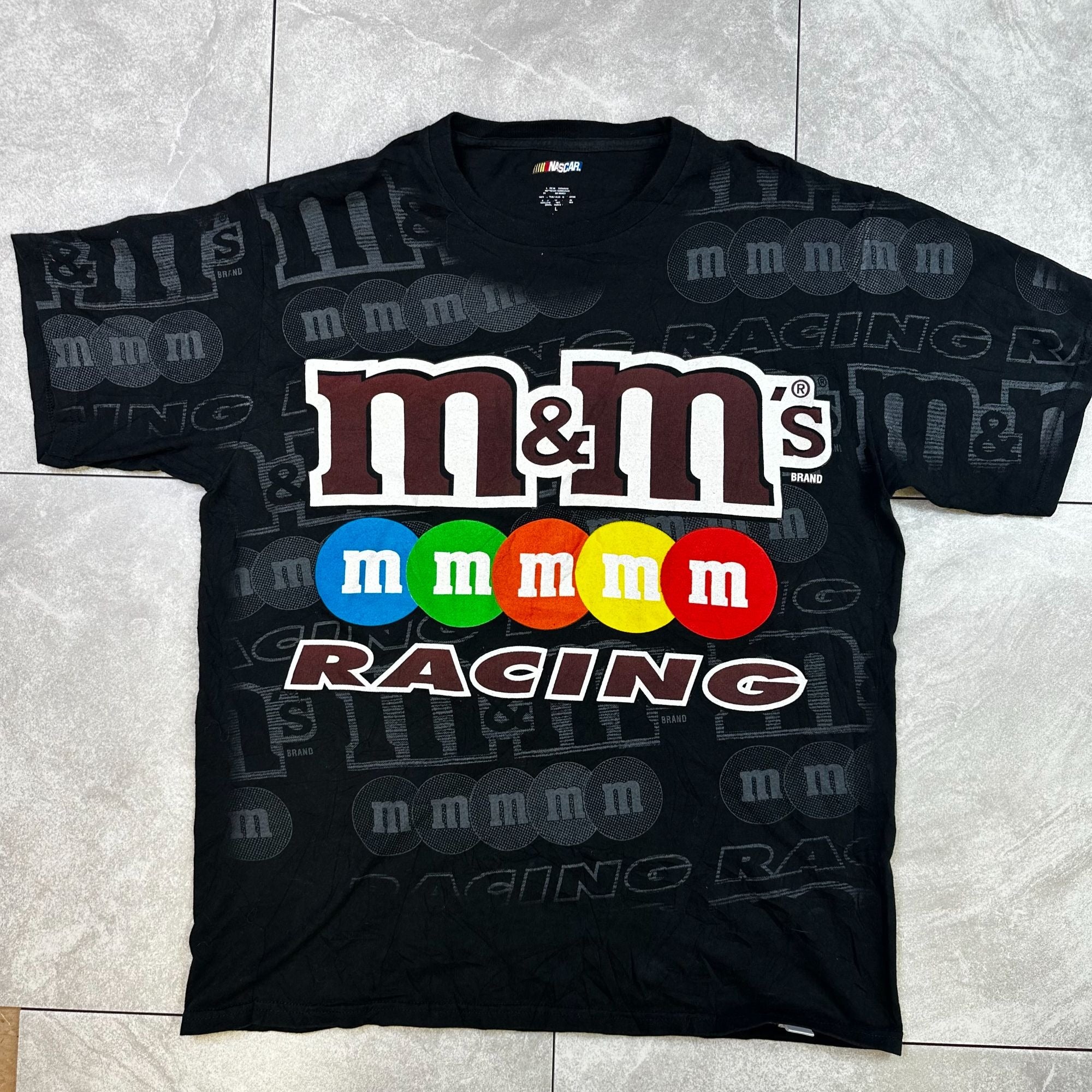 M&Ms Racing NASCAR Black Graphic T-Shirt Size L Cotton Crewneck With Bold Design