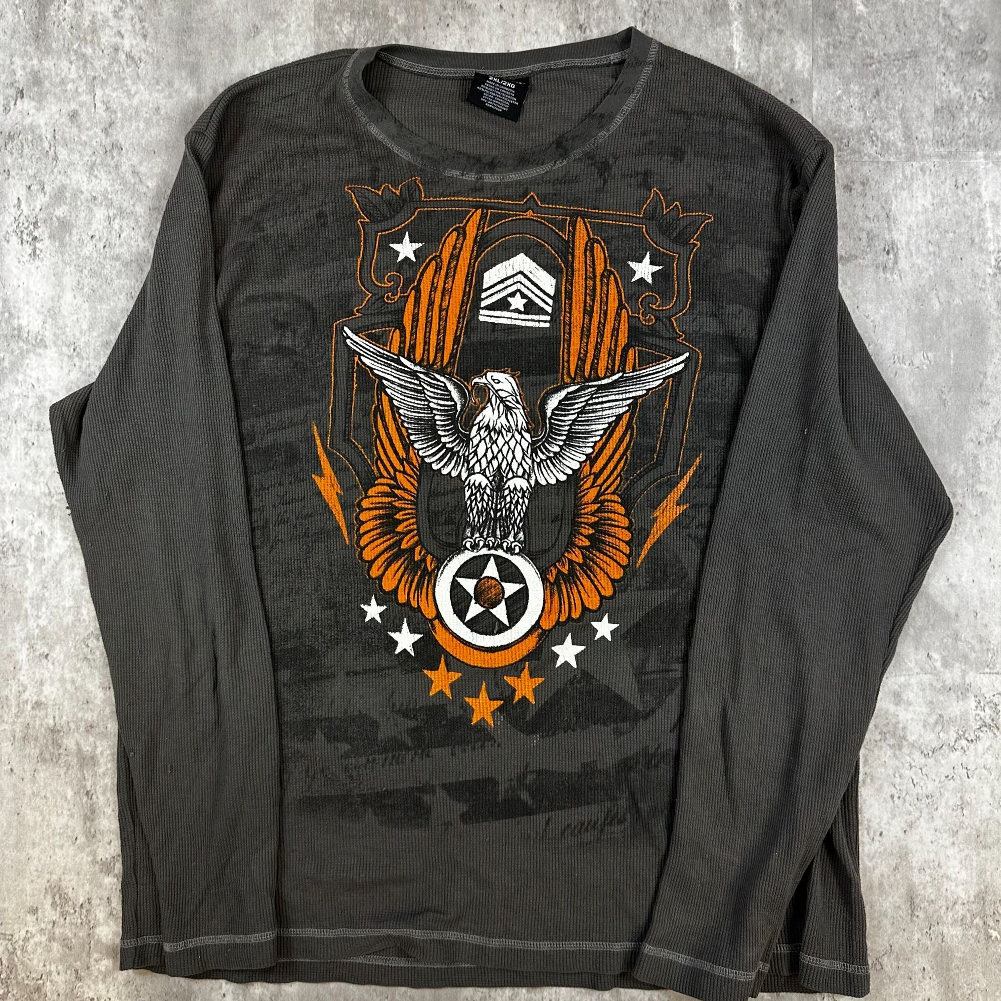 Mens No Boundaries 2XL Charcoal Long Sleeve Thermal Shirt With Eagle & Star Graphic Design Cotton/Polyester Blend