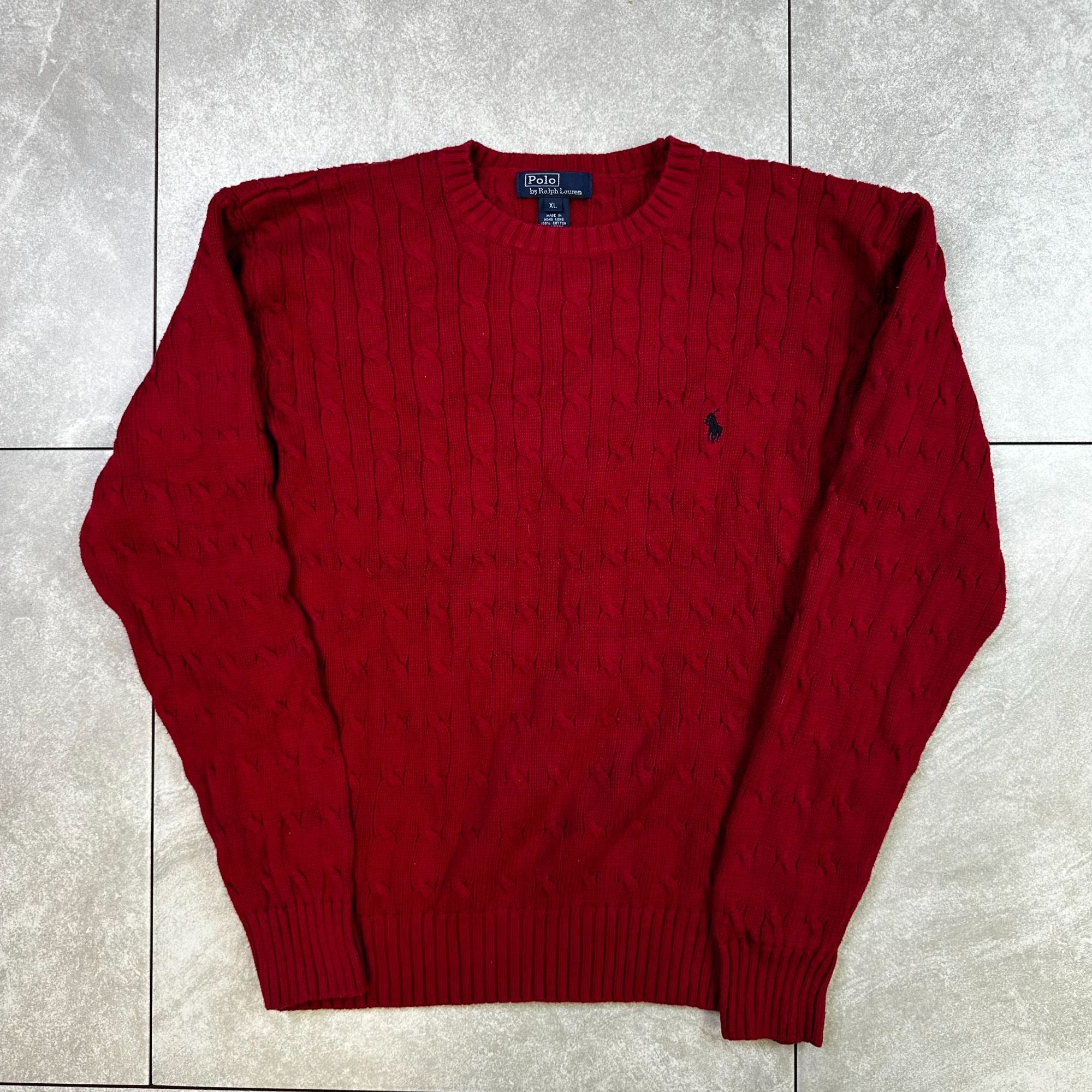 Polo By Ralph Lauren Red Cable Knit Sweater XL 100% Cotton Crewneck Classic Style