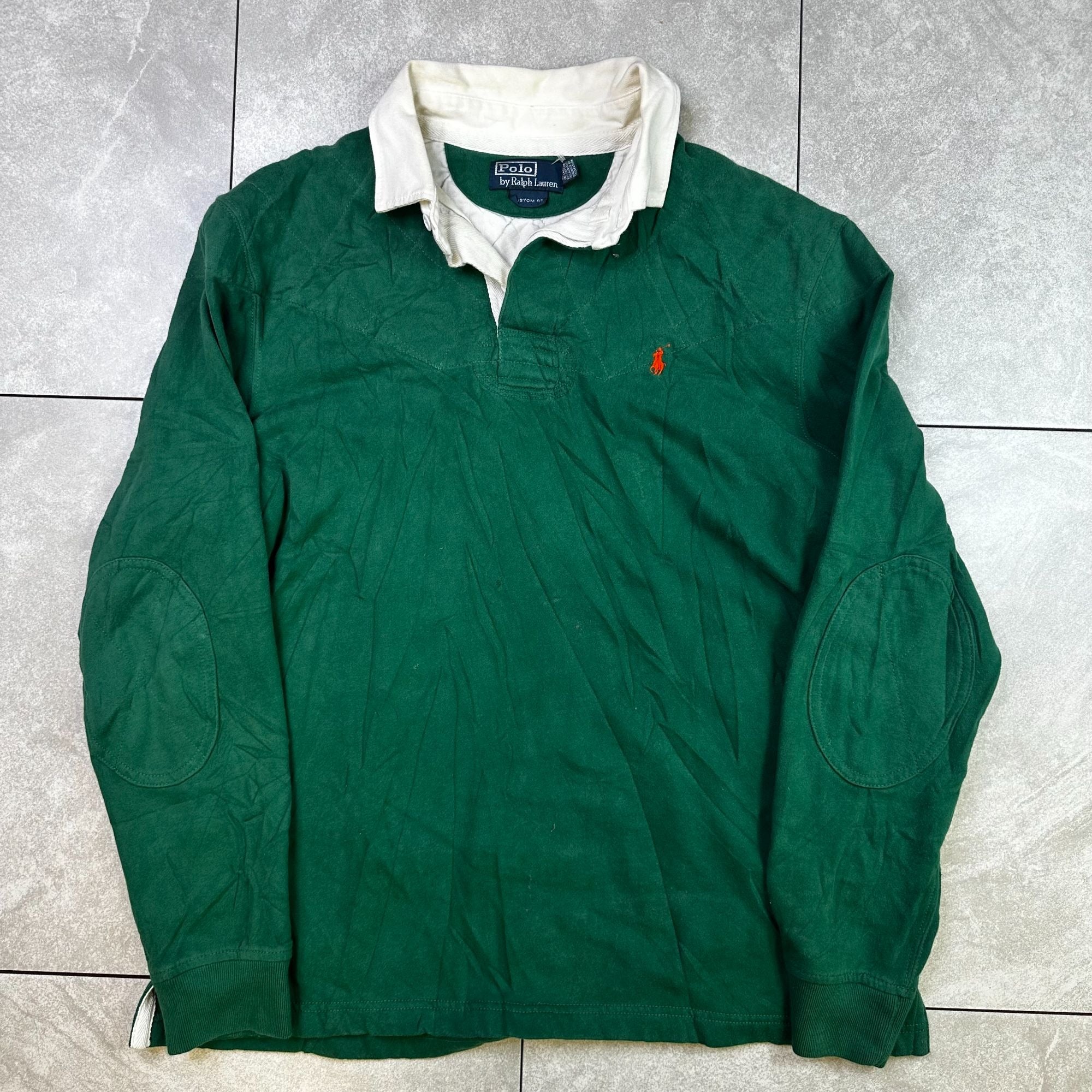 Polo Ralph Lauren Green Long-Sleeve Rugby Shirt Custom Fit White Collar Embroidered Logo Mens Size L