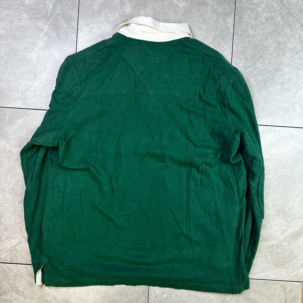 Polo Ralph Lauren Green Long-Sleeve Rugby Shirt Custom Fit White Collar Embroidered Logo Mens Size L