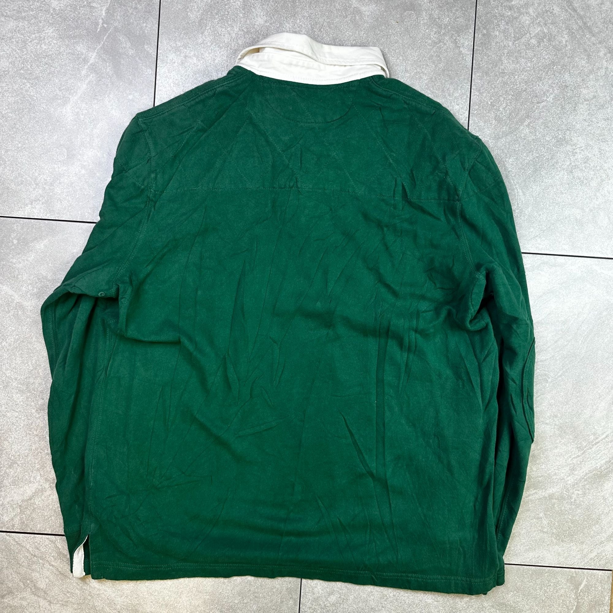 Polo Ralph Lauren Green Long-Sleeve Rugby Shirt Custom Fit White Collar Embroidered Logo Mens Size L