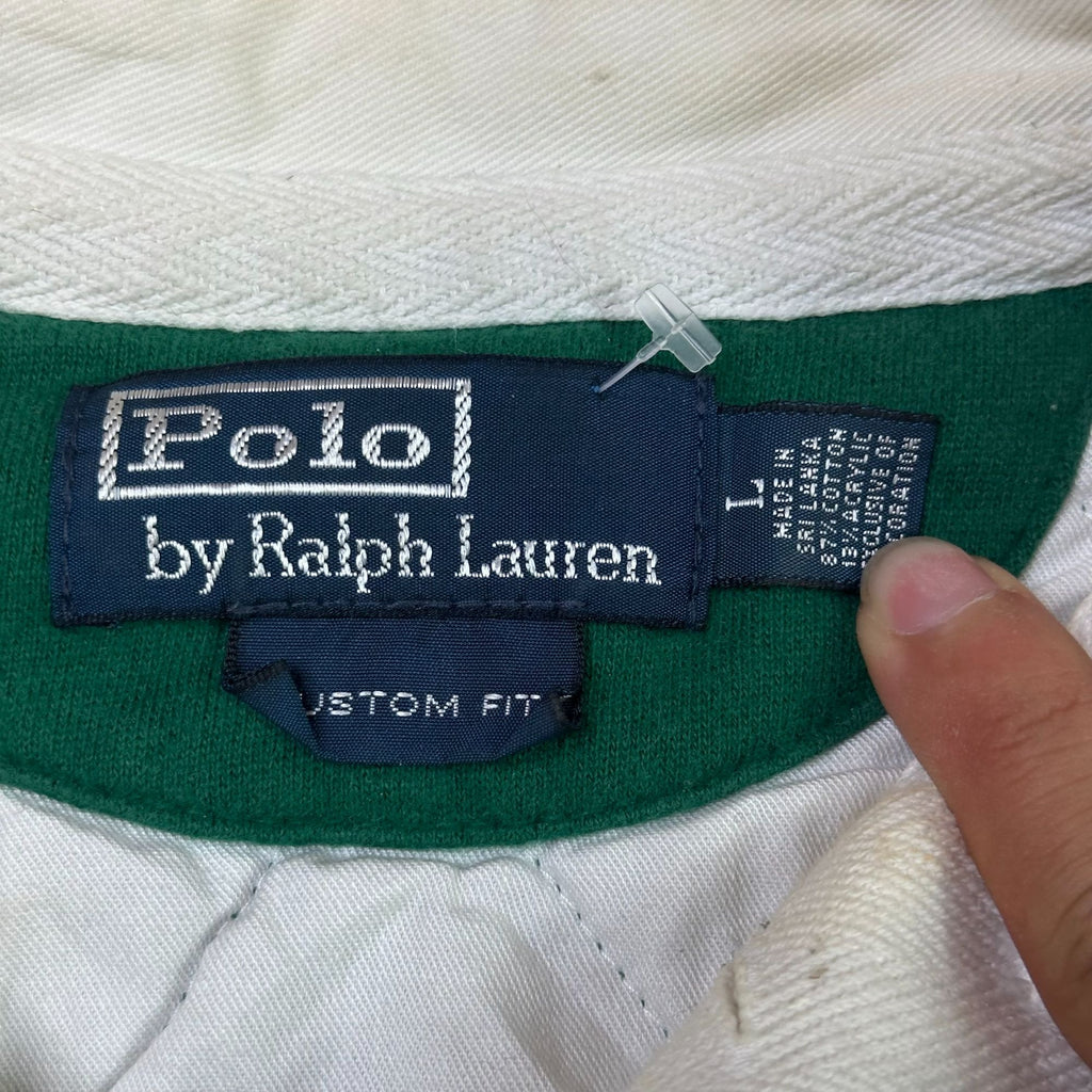 Polo Ralph Lauren Green Long-Sleeve Rugby Shirt Custom Fit White Collar Embroidered Logo Mens Size L