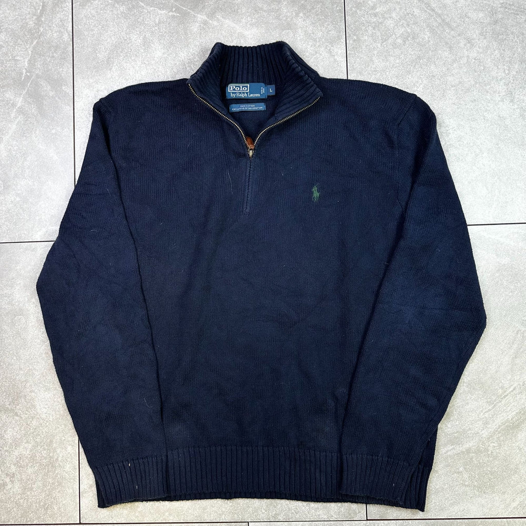 Polo Ralph Lauren Navy 100% Cotton Half-Zip Sweater With Ribbed Collar & Cuffs Mens L