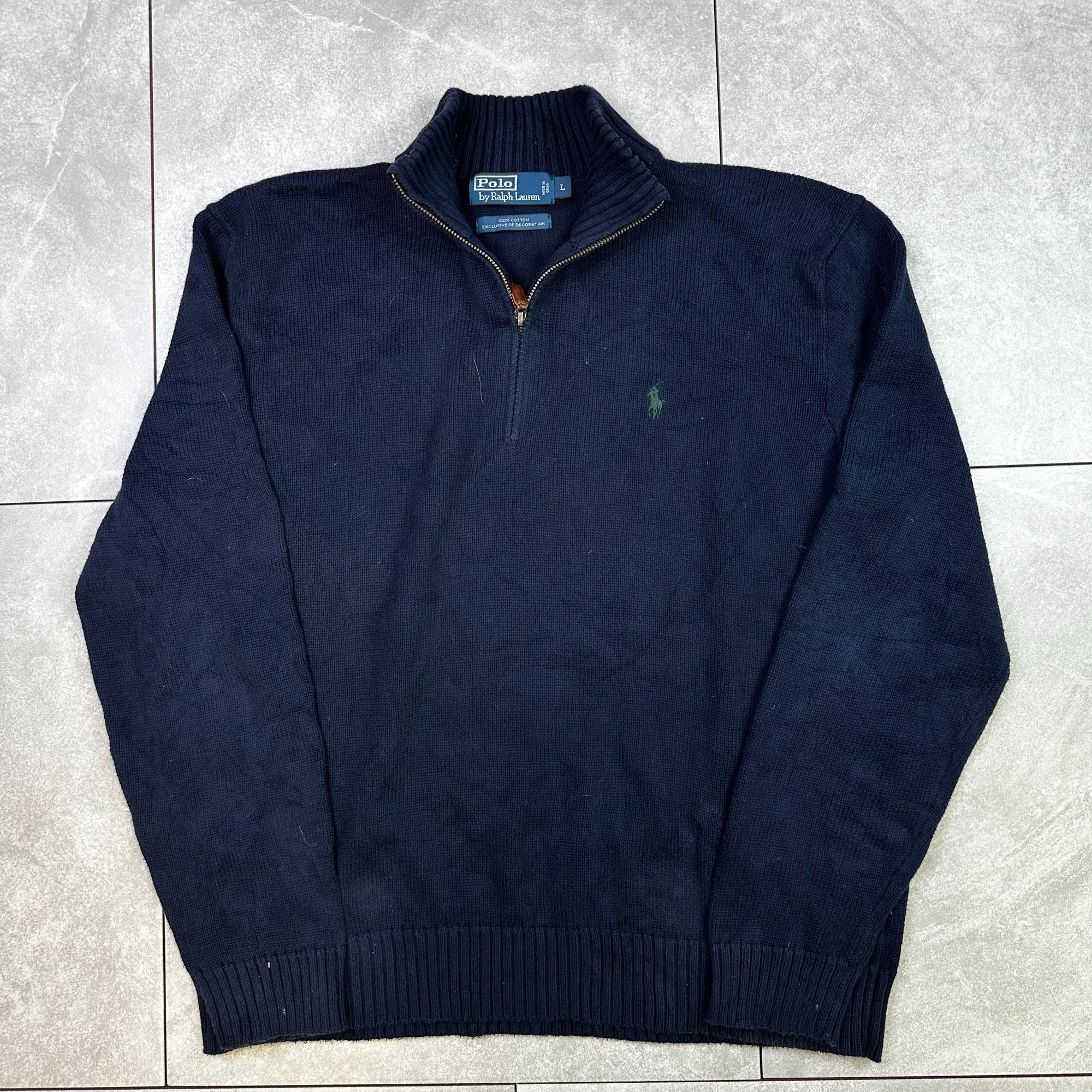 Polo Ralph Lauren Navy 100% Cotton Half-Zip Sweater With Ribbed Collar & Cuffs Mens L