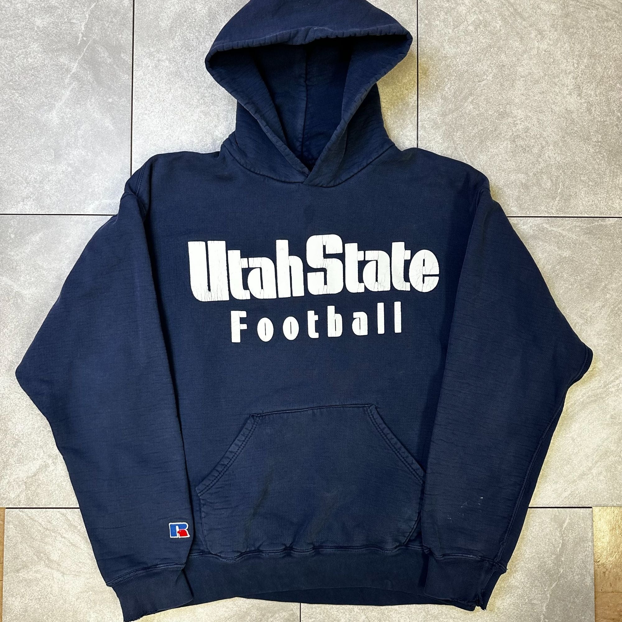 Vintage Russell Athletic Utah State Football Navy Hoodie XL