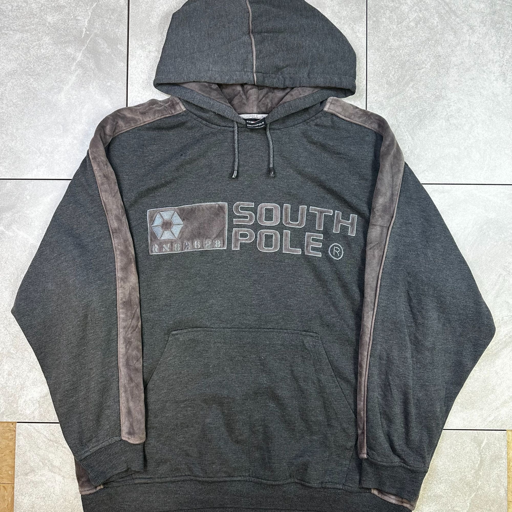 Southpole Mens Gray Hoodie L With Contrast Suede Stripes & Logo Graphic Pullover Sweatshirt Casual Streetwear