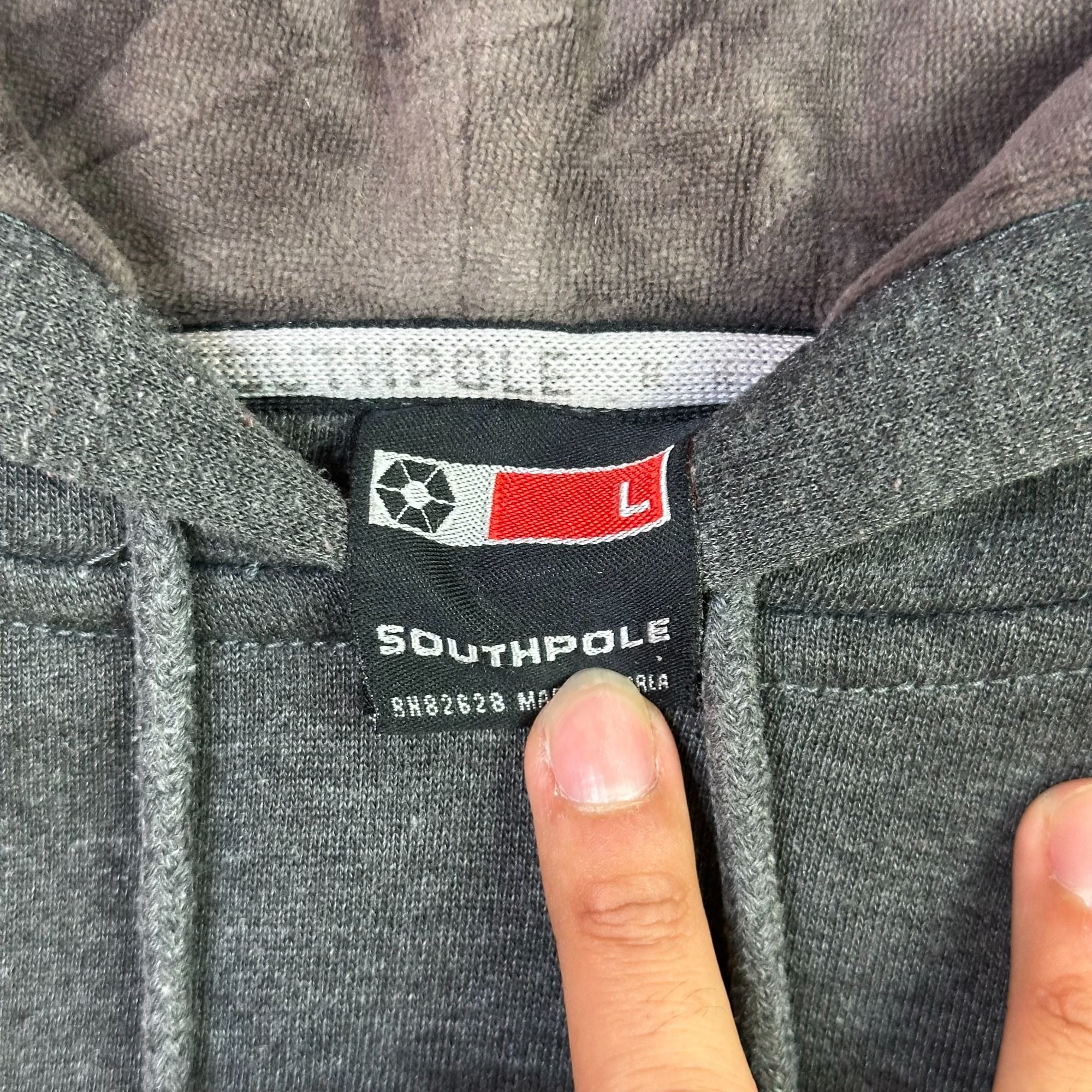 Southpole Mens Gray Hoodie L With Contrast Suede Stripes & Logo Graphic Pullover Sweatshirt Casual Streetwear