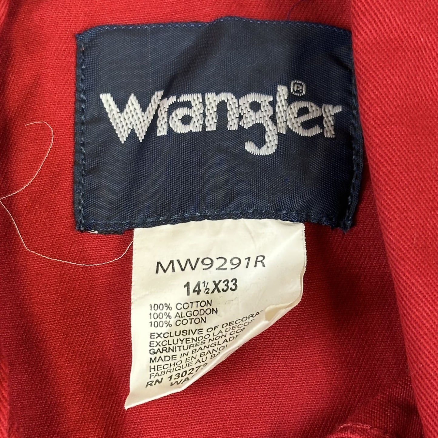 Wrangler Mens Red Western Shirt 14.5 X 33 Long Sleeve Button-Up 100% Cotton