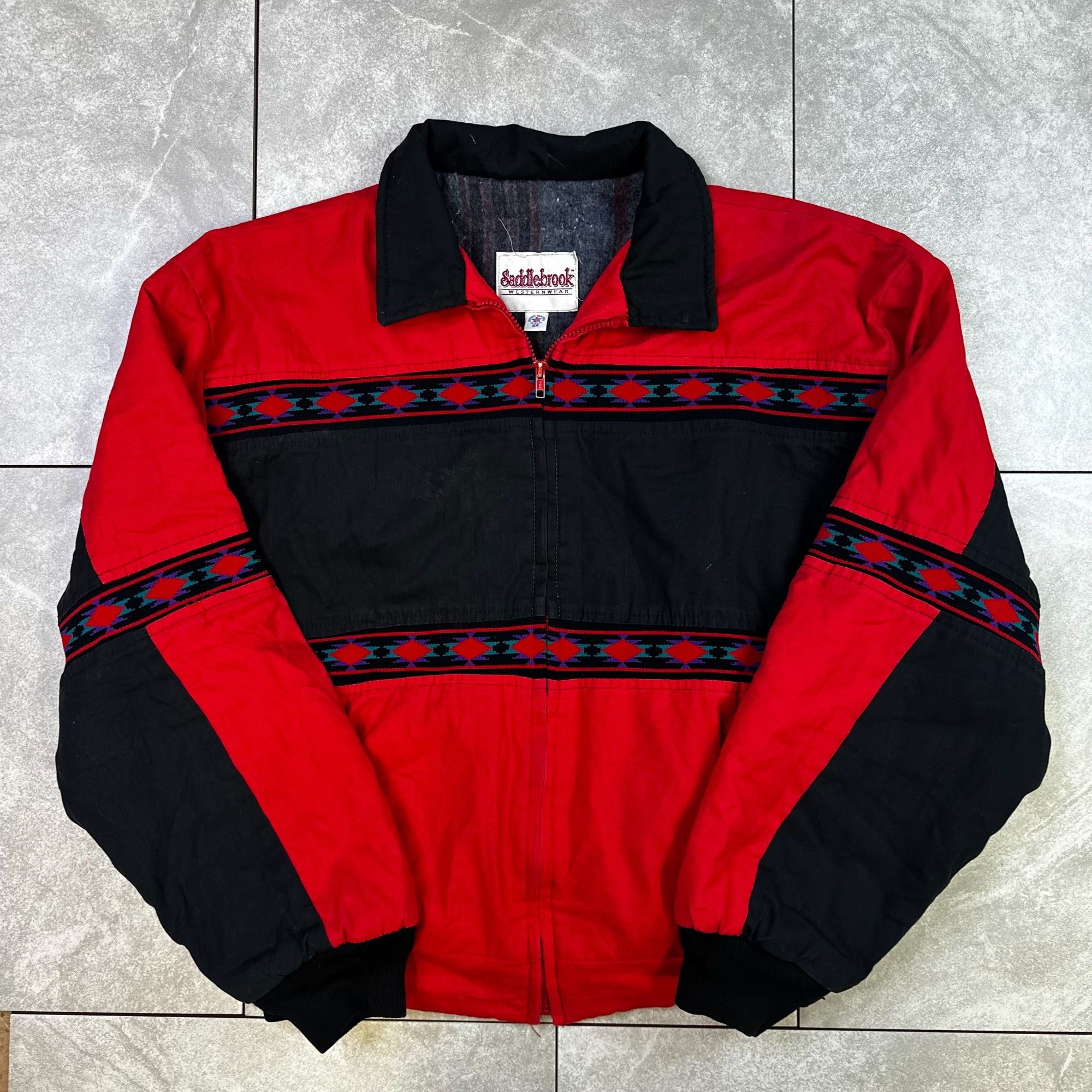 Saddlebrook Western Wear Red & Black Jacket 2X Zip Front USA-Made Native-Inspired Pattern Warm Lining Mens Outerwear
