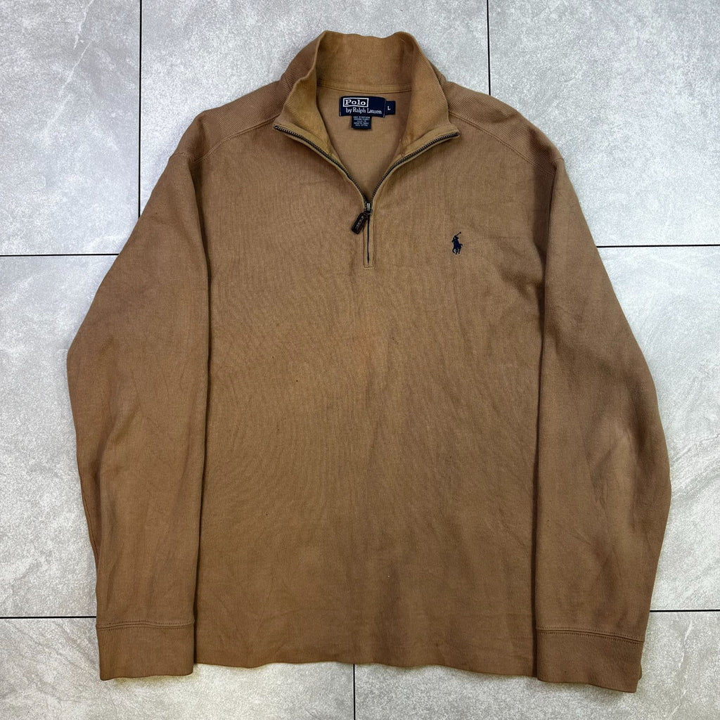 Polo By Ralph Lauren Mens Tan 1/4 Zip Pullover Sweater L 100% Cotton Casual Versatile Warm Knit
