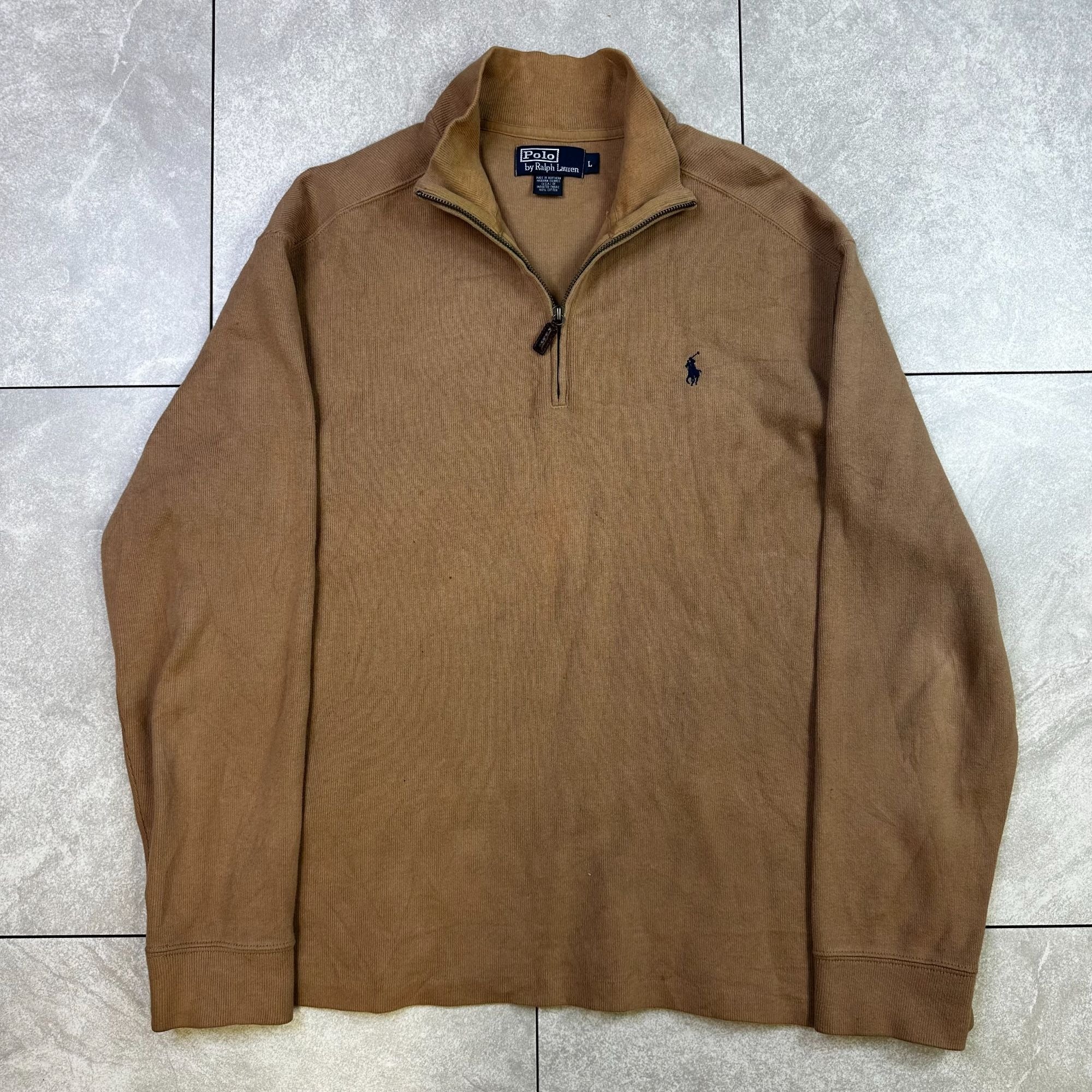 Polo By Ralph Lauren Mens Tan 1/4 Zip Pullover Sweater L 100% Cotton Casual Versatile Warm Knit