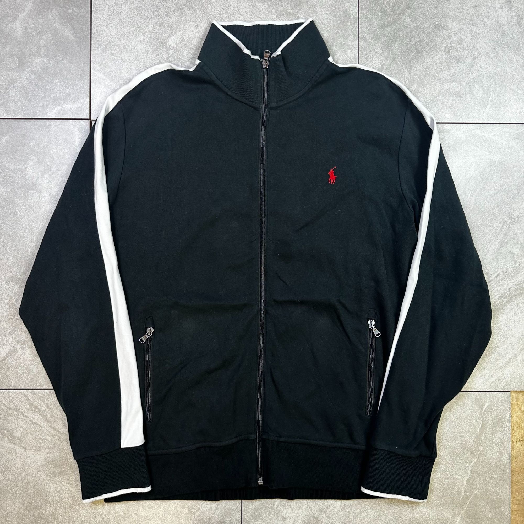 Polo Ralph Lauren Black Full-Zip Jacket With White Accents & Embroidered Logo L