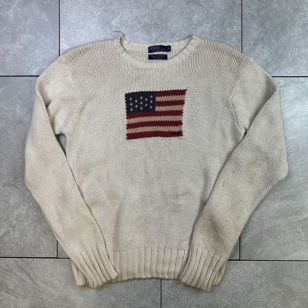 Polo By Ralph Lauren Cream Knit Sweater With American Flag Patch 100% Cotton Size S
