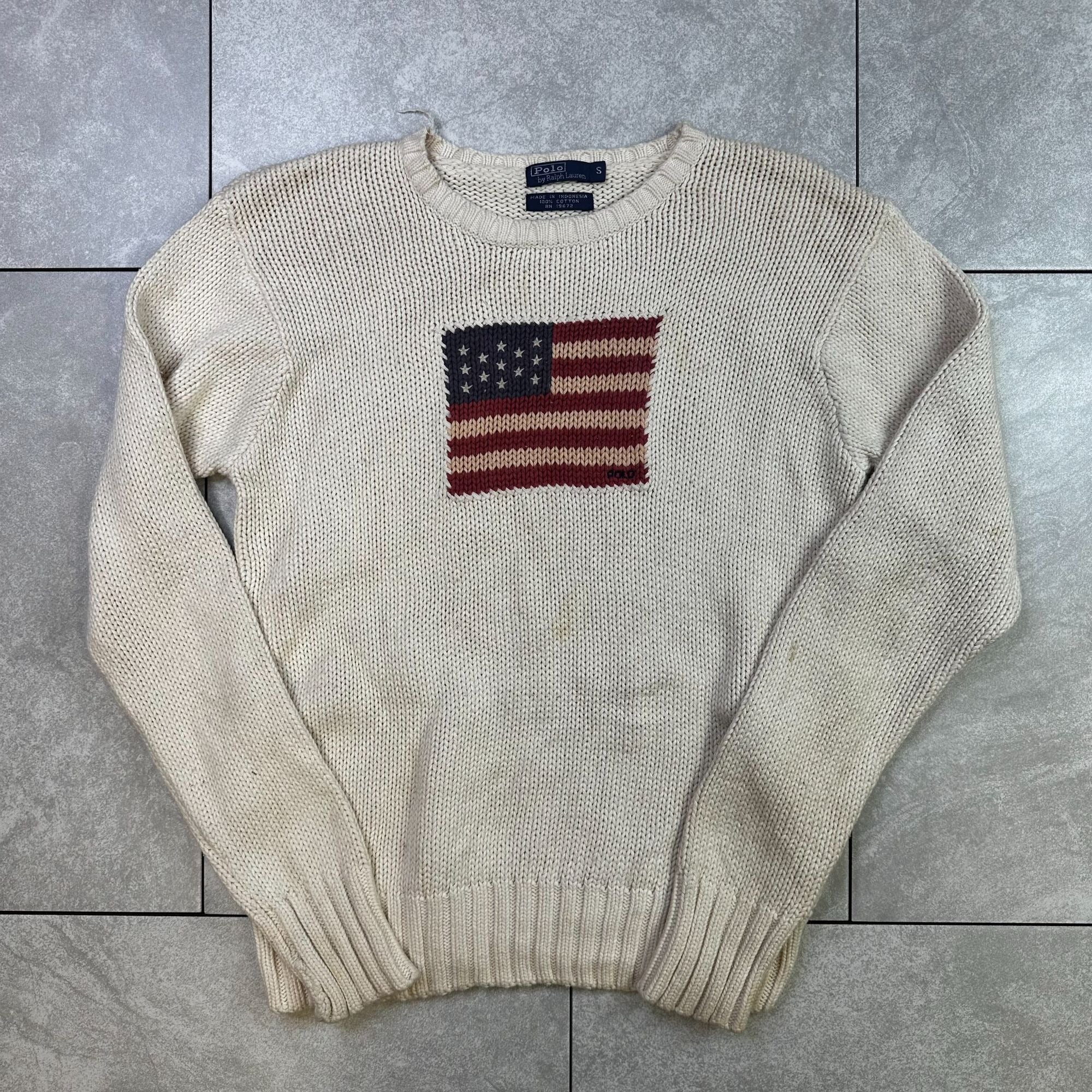 Polo By Ralph Lauren Cream Knit Sweater With American Flag Patch 100% Cotton Size S