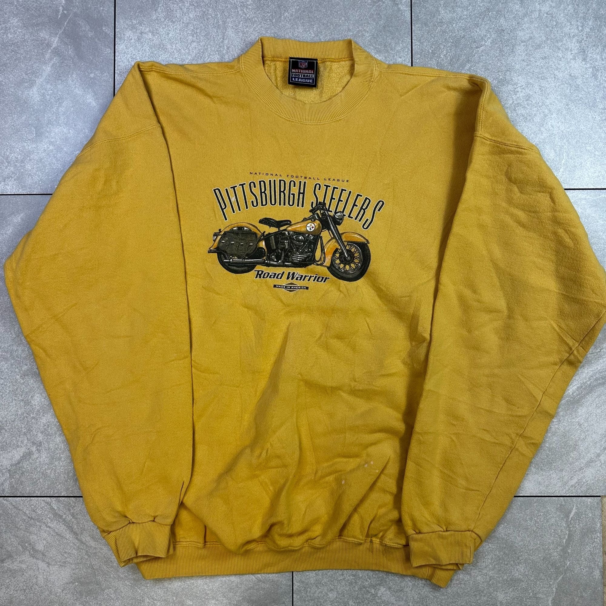 Vintage Pittsburgh Steelers Road Warrior NFL Sweatshirt Yellow Crewneck Pullover Size XL