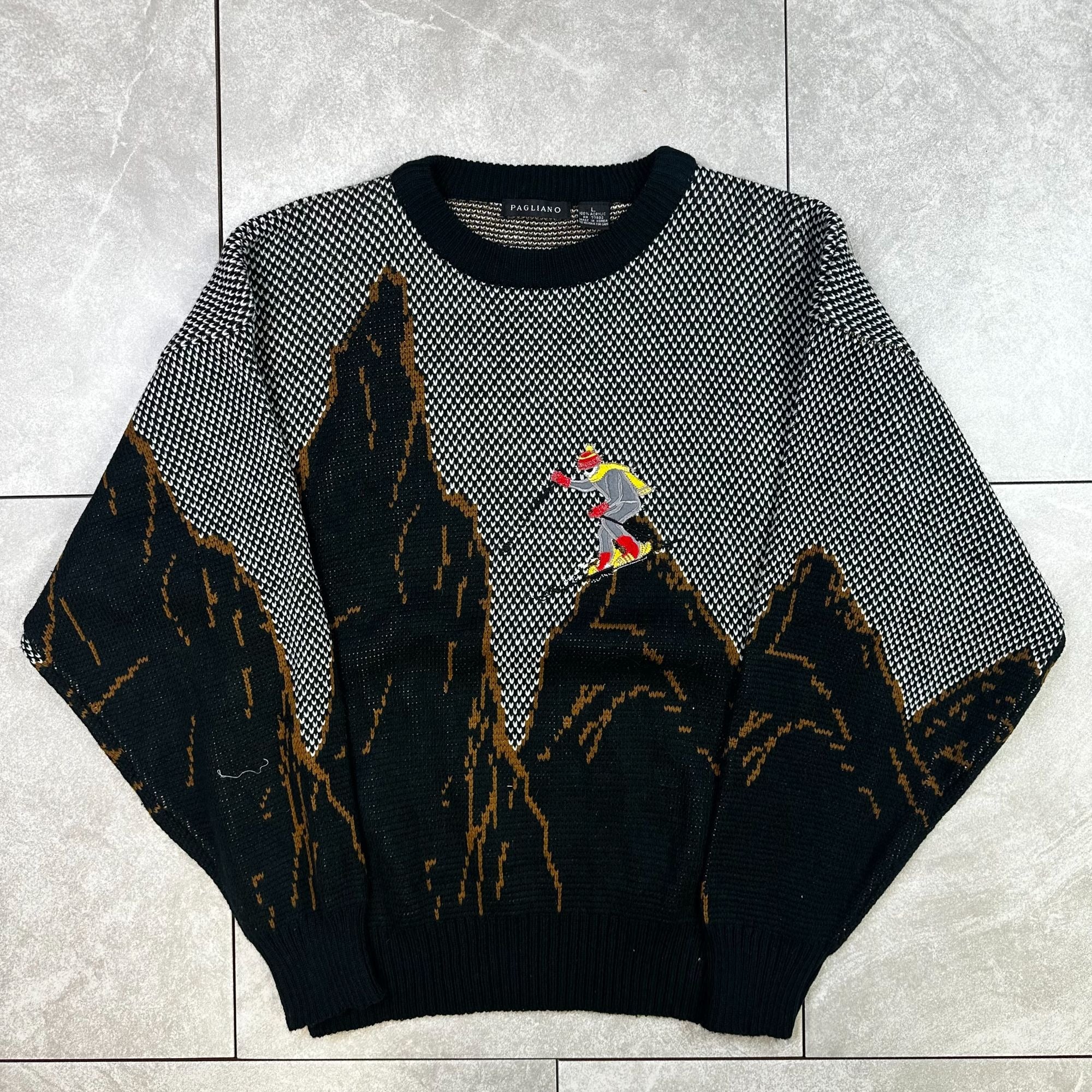 Pagliano Mountain Climbing Graphic Sweater Black/Brown/White L 100% Acrylic Made In Korea