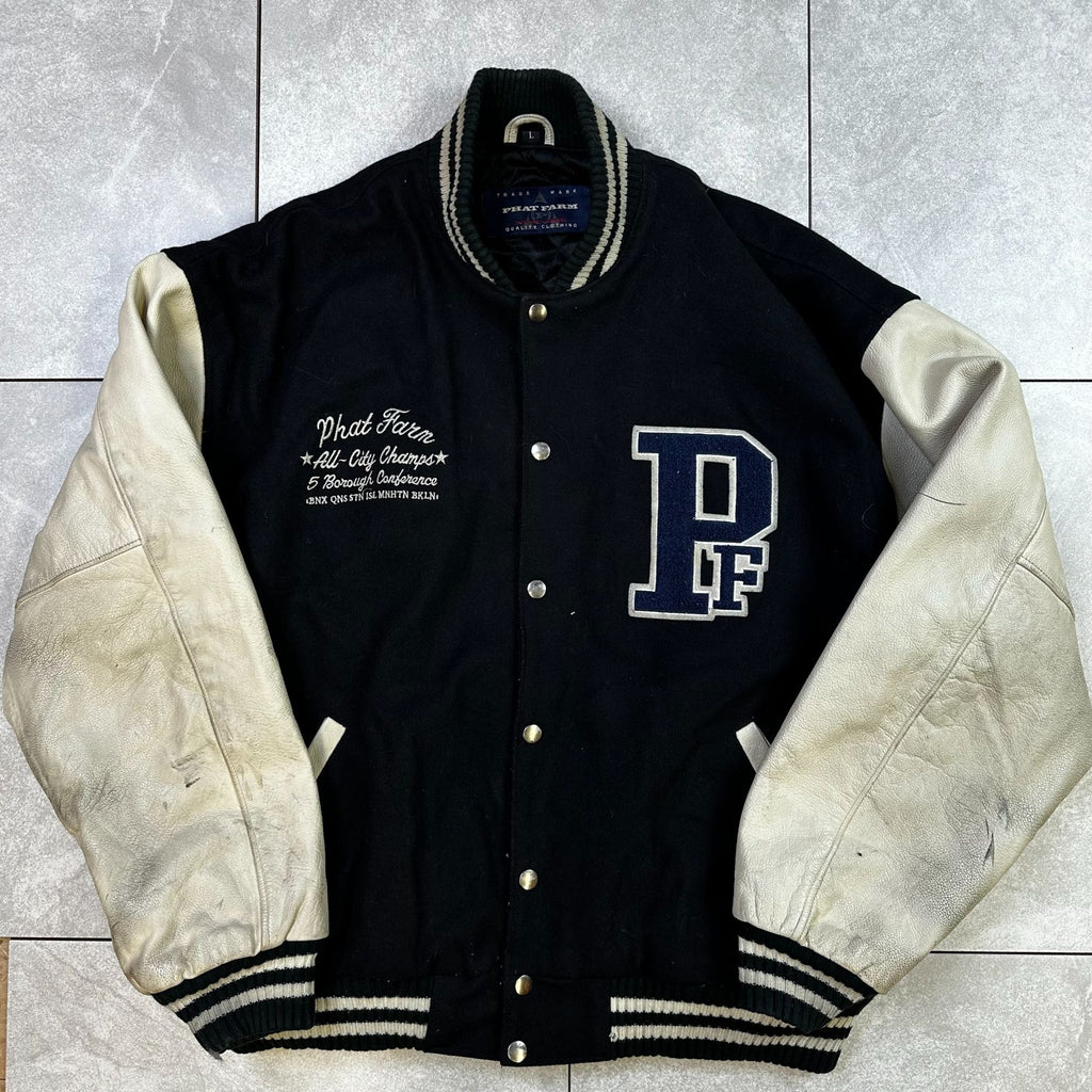Phat Farm Varsity Jacket L Black Wool & White Leather Sleeves Vintage Style Mens Outerwear
