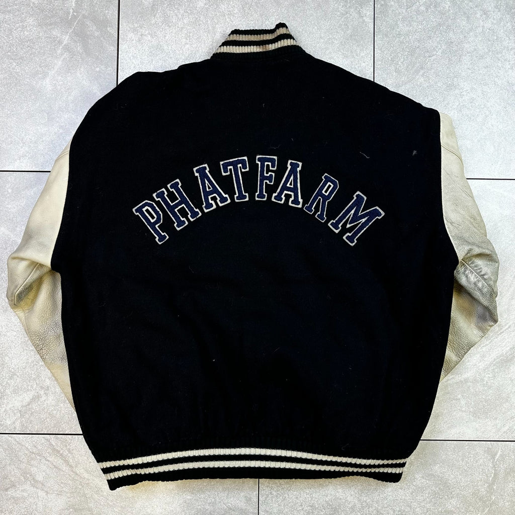 Phat Farm Varsity Jacket L Black Wool & White Leather Sleeves Vintage Style Mens Outerwear