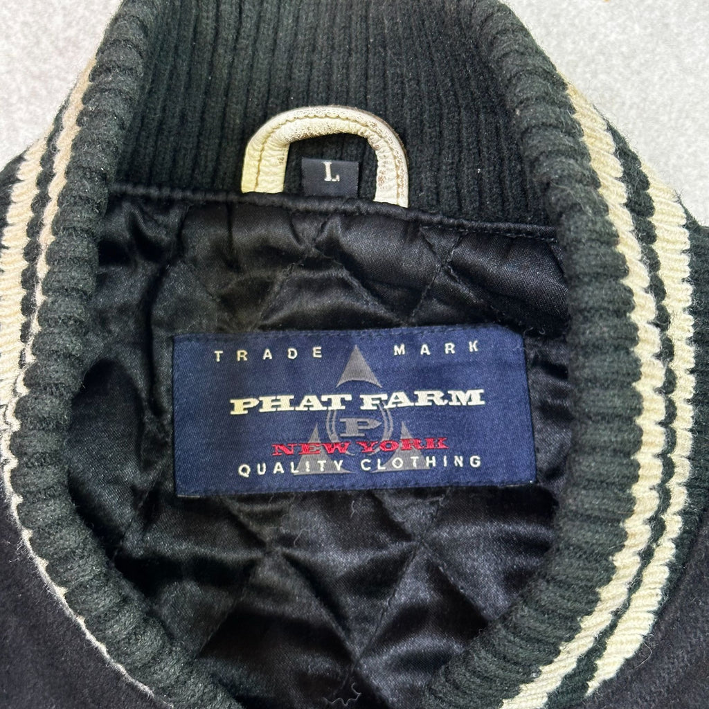 Phat Farm Varsity Jacket L Black Wool & White Leather Sleeves Vintage Style Mens Outerwear