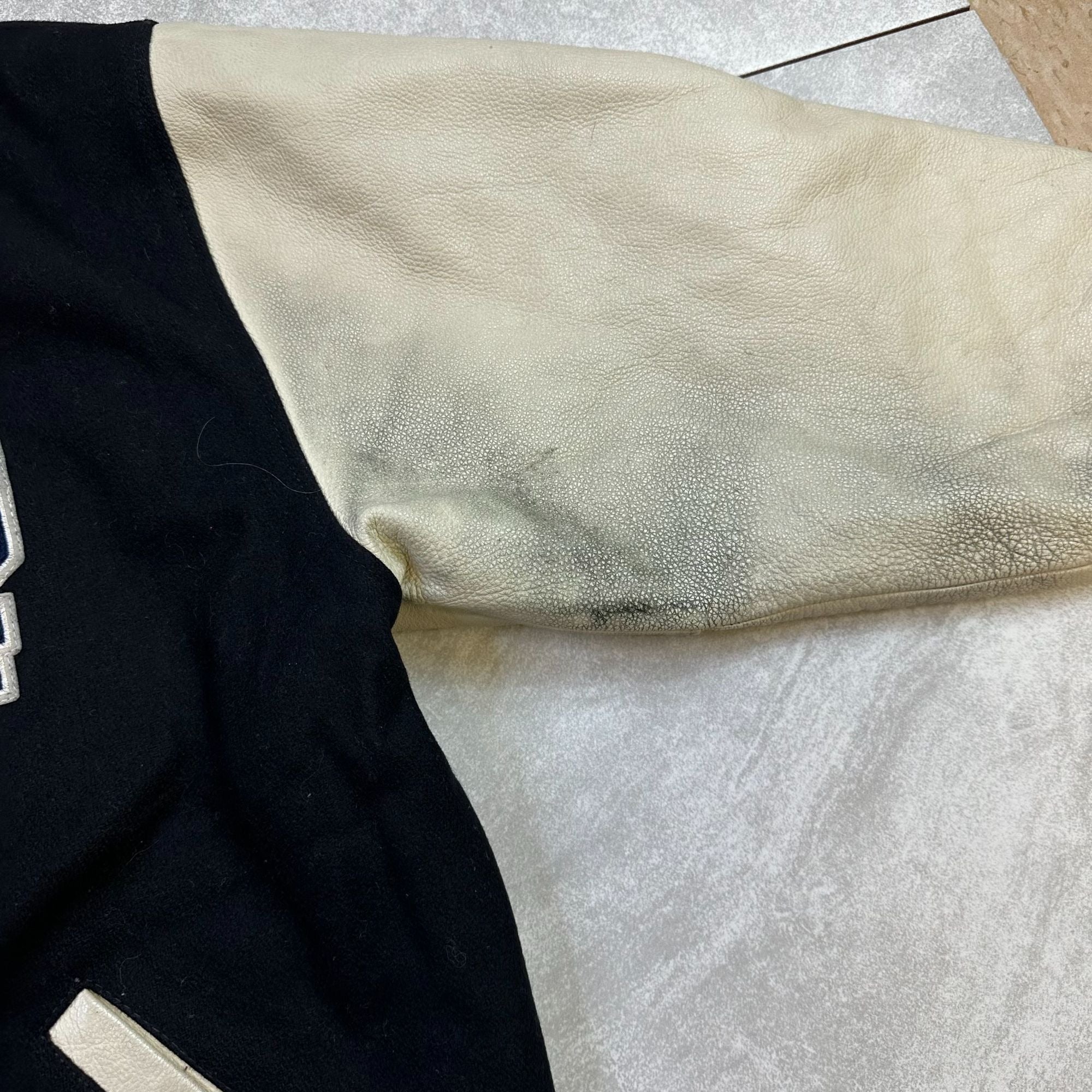 Phat Farm Varsity Jacket L Black Wool & White Leather Sleeves Vintage Style Mens Outerwear