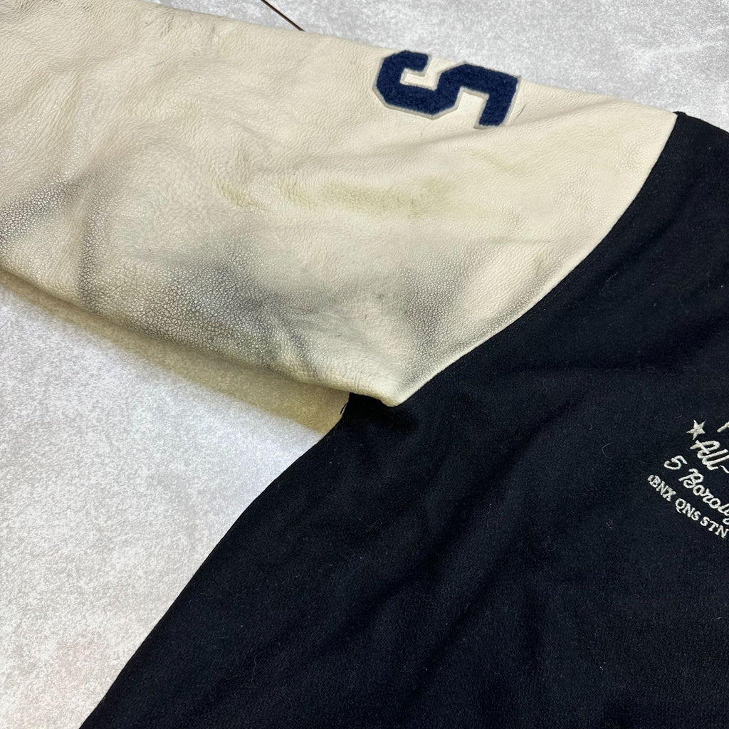 Phat Farm Varsity Jacket L Black Wool & White Leather Sleeves Vintage Style Mens Outerwear