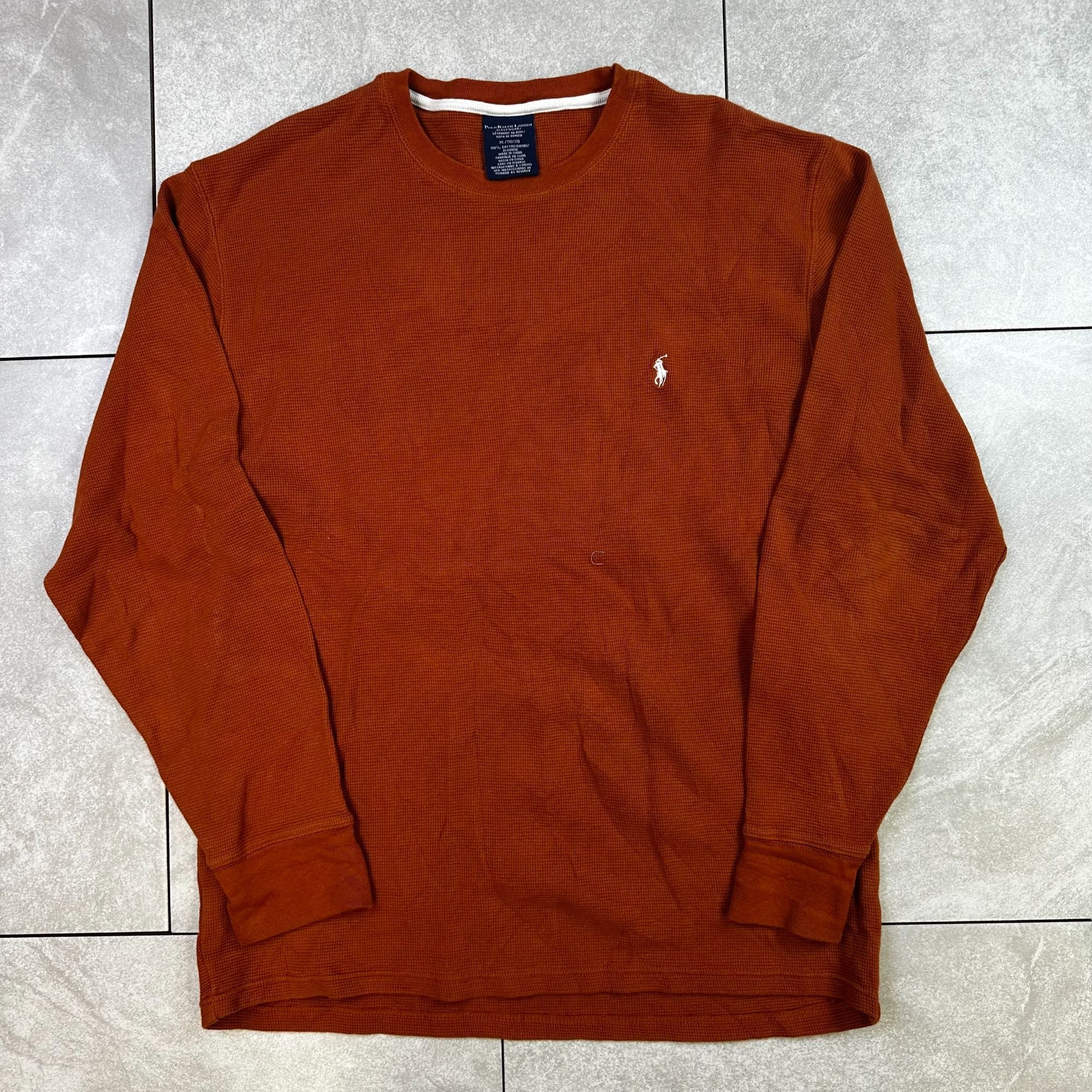 Polo Ralph Lauren XL Orange Waffle Knit Long Sleeve Sleepwear Crewneck Shirt 100% Cotton