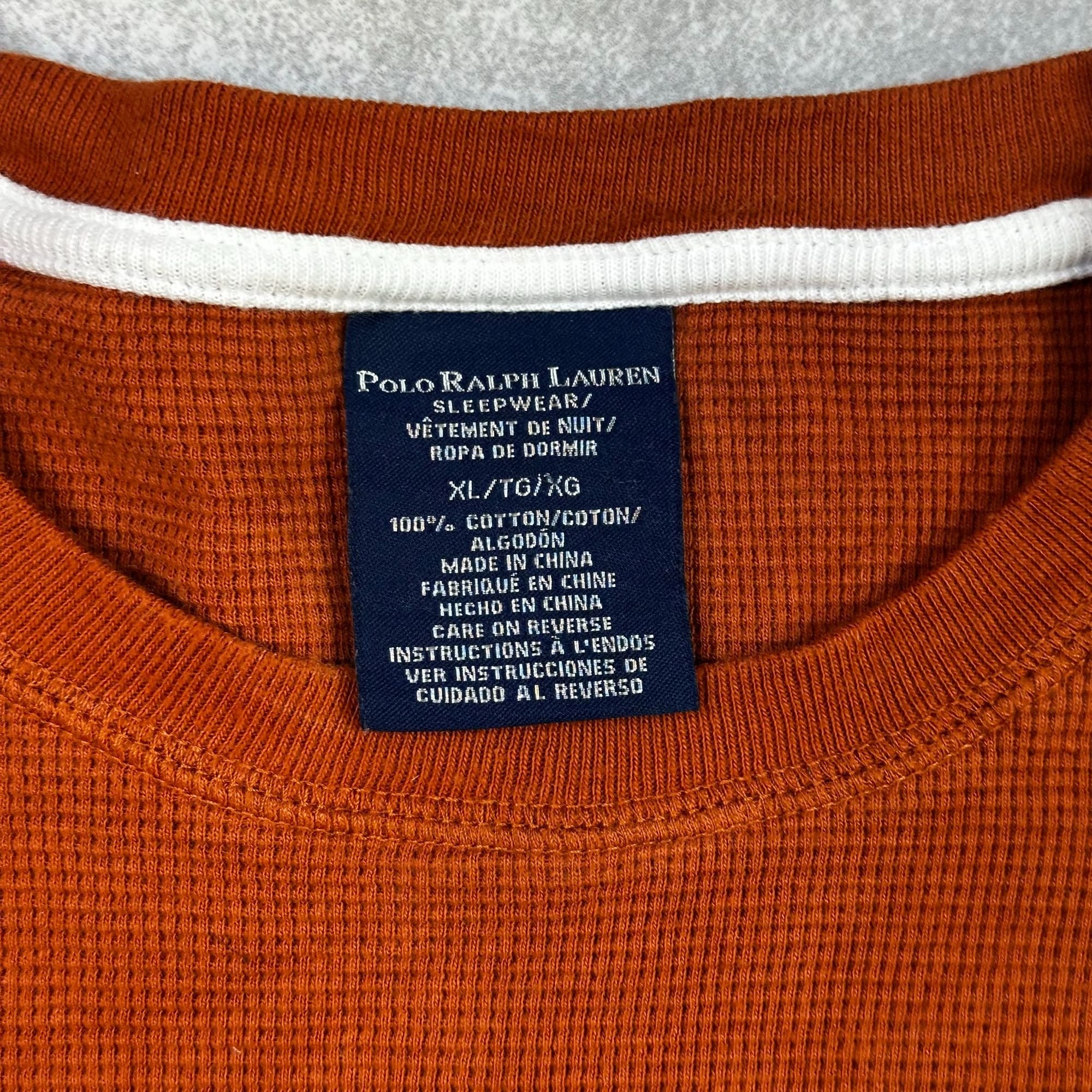 Polo Ralph Lauren XL Orange Waffle Knit Long Sleeve Sleepwear Crewneck Shirt 100% Cotton