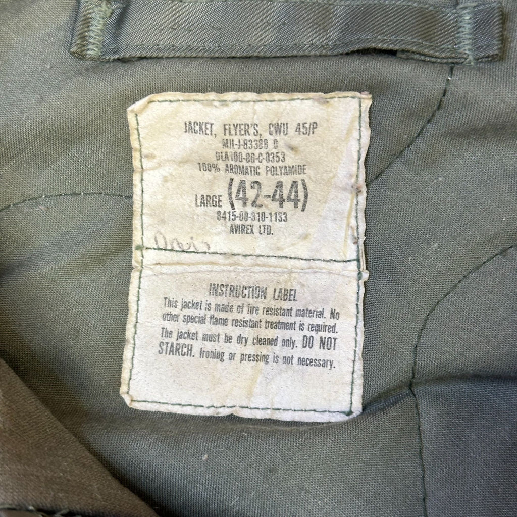 Jacket Flyers CWU 45/P Large Avirex 100% Aromatic Polyamide Olive Green Military Style