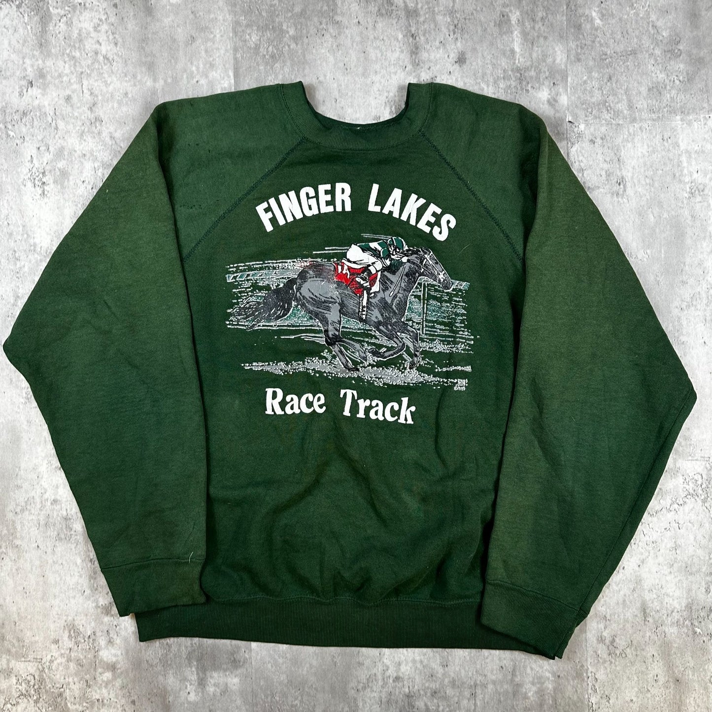 Vintage Tultex Finger Lakes Race Track Sweatshirt X-Large Green Graphic Crewneck